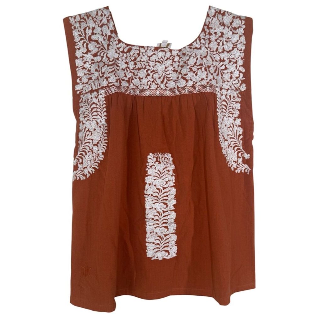 J. Marie Womens Orange White Embroidered Tank Top S Floral Boxy Oversized Boho